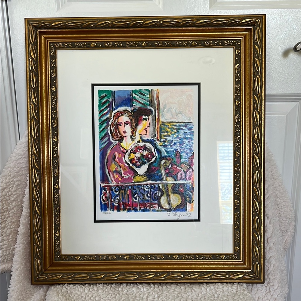 Gold Framed Abstract Lithograph Painting.  Art by Zamy Steynovitz, 1998.
